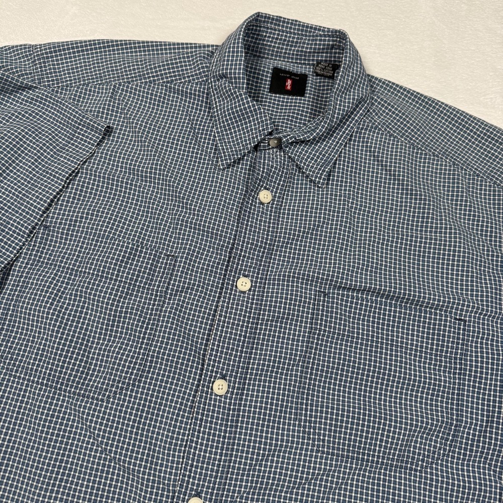 Vintage Levi's‎ Shirt Mens Large Blue Check Plaid Short Sleeve Button Front